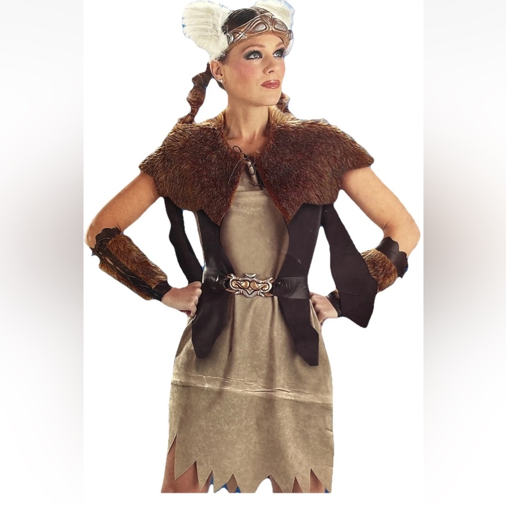 Viking Girl Warrior Princess Costume Fur Dress Crown Nordic Wild Barbarian M-XL
